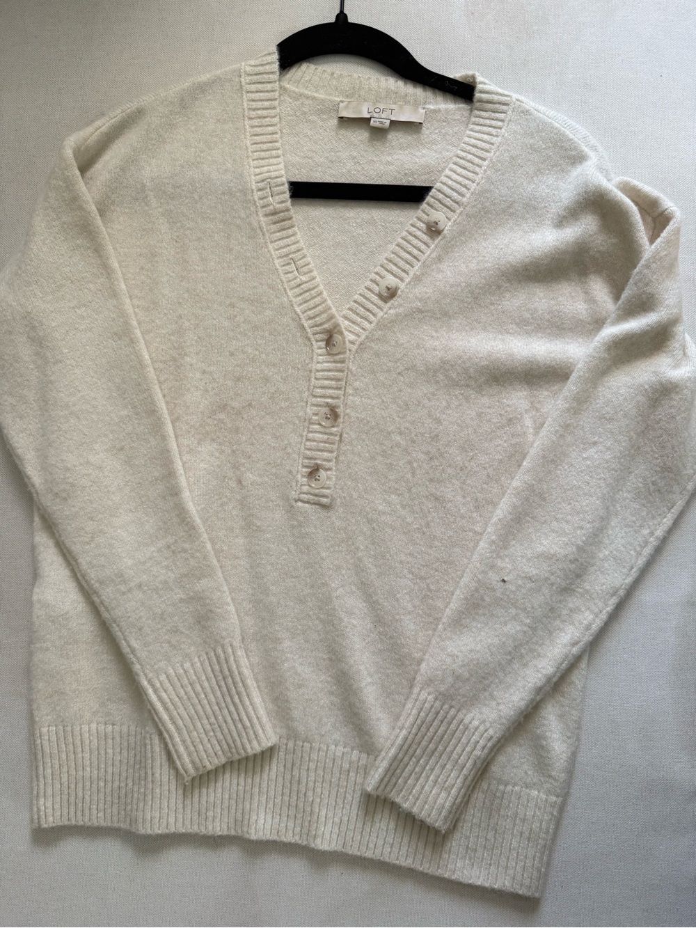 LOFT Cream V-Neck Button Pullover Sweater
